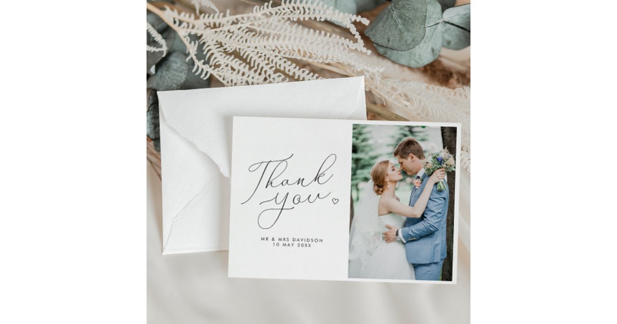 simple script black and white wedding photo thank you card | Zazzle