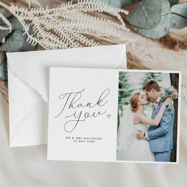simple script black and white wedding photo thank you card | Zazzle