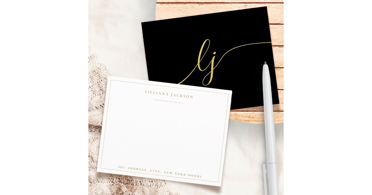 Simple Script Black Gold Personalized Stationery Note Card | Zazzle