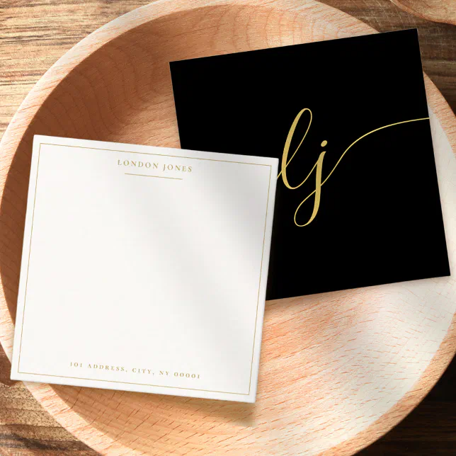 Simple Script Black Gold Personalized Stationery Note Card | Zazzle