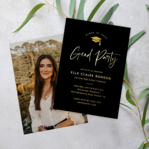 Simple Script Black & Gold Photo Graduation Foil Invitation