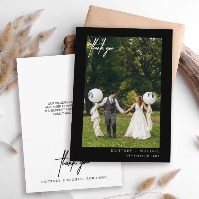 Simple Script Black Modern Photo Thank You Card | Zazzle