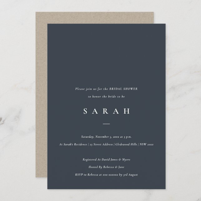 Simple Script Black Navy Bridal Shower  Invite (Front/Back)