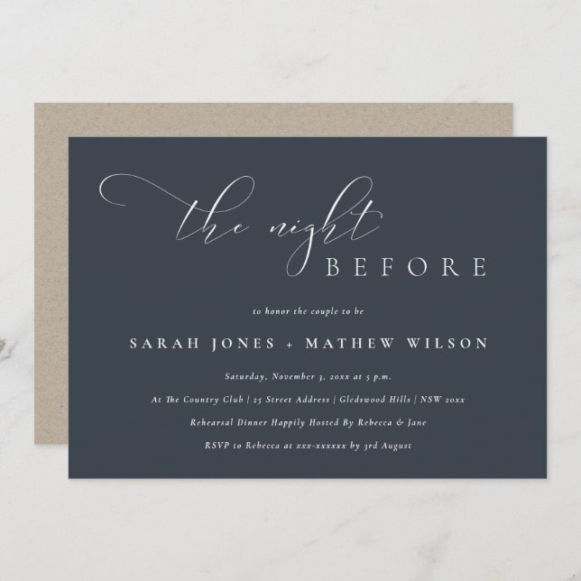 Simple Script Black Navy Night Before Diner Invite (Front/Back)