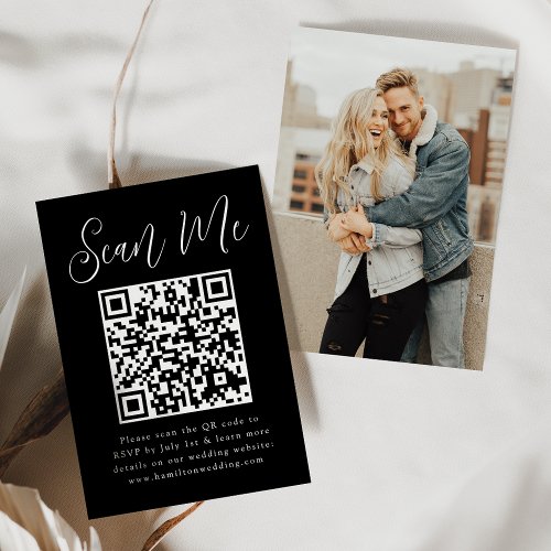 Simple Script Black Photo QR Code Wedding RSVP Enclosure Card