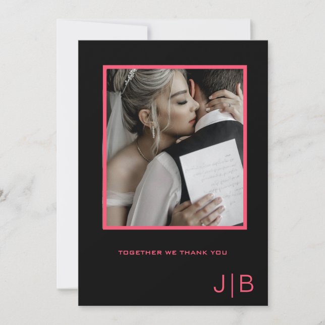Simple script black & pink minimalist photo  thank you card (Front)