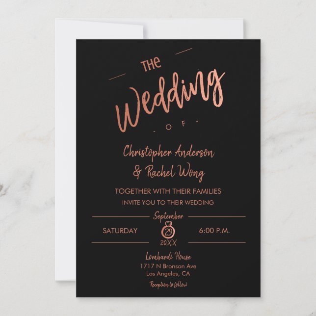 Simple Script Black Rose Gold Foil The Wedding of Invitation (Front)