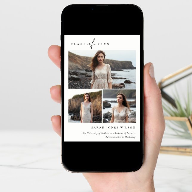 Simple Script Black & White 3 Photo Graduation Announcement (Front Digital)