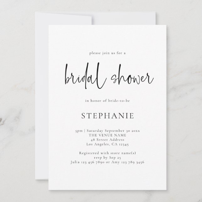 Simple Script Black White Any Color Bridal Shower Invitation (Front)