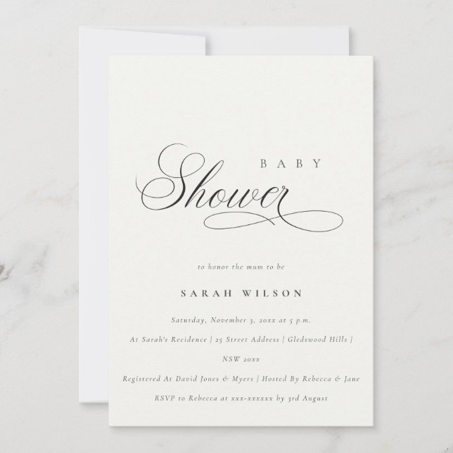 Simple Script Black White Baby Shower Invite (Front)