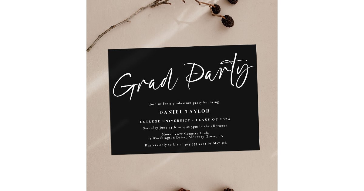 Simple Script Black White Graduation Party Invitation | Zazzle