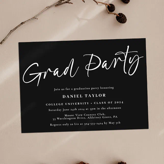 Simple Script Black White Graduation Party Invitation | Zazzle