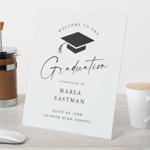 Simple Script Black  White Graduation Welcome Pedestal Sign