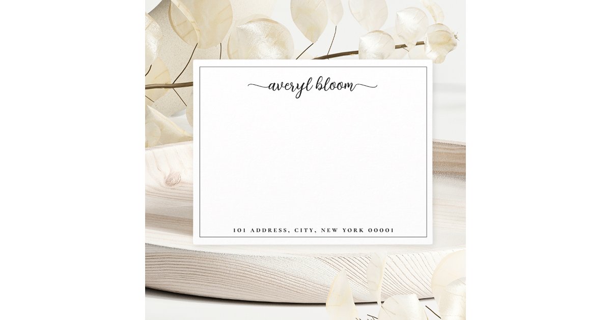 Simple Script Black White Personalized Stationery Note Card | Zazzle