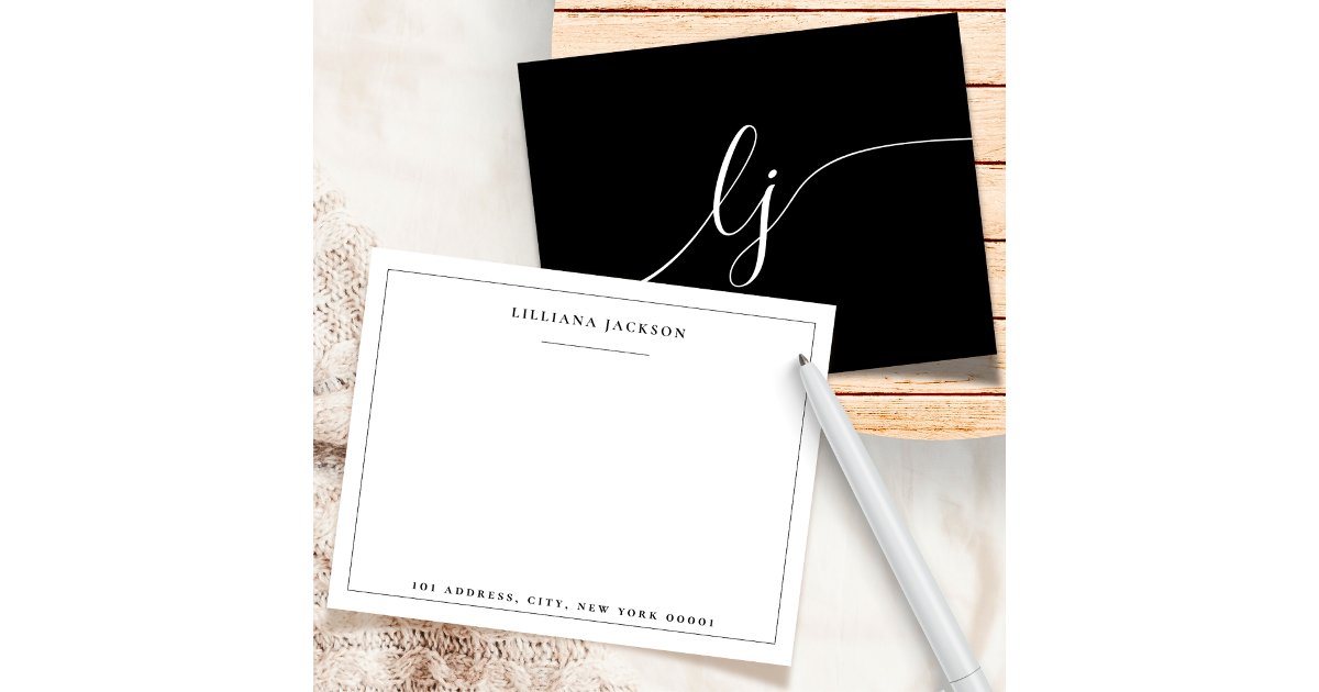 Simple Script Black White Personalized Stationery Note Card | Zazzle