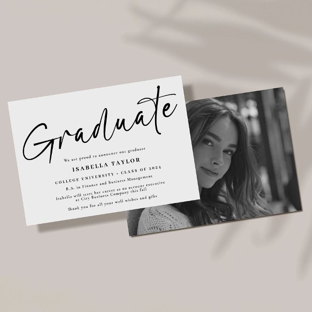 Simple Script Black White Photo Graduation Announcement (Creator Uploaded)