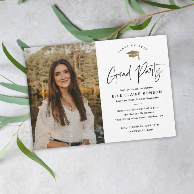 Simple Script Black & White Photo Graduation Party Invitation | Zazzle