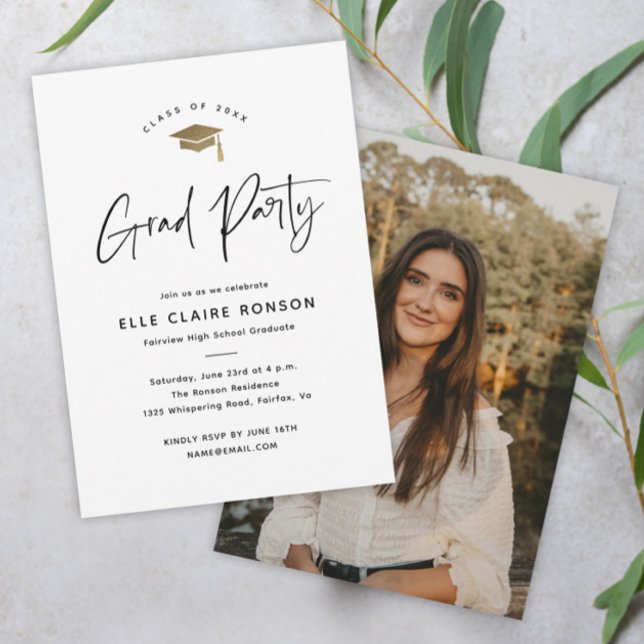 Simple Script Black & White Photo Graduation Party Invitation (Creator Uploaded)