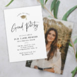 Simple Script Black & White Photo Graduation Party Invitation<br><div class="desc">Simple Script Black and White Photo Graduation Party invitation with elegant gold foil cap and minimalist typography. Click the edit button to customize this design. Easily add a photo to the back.</div>