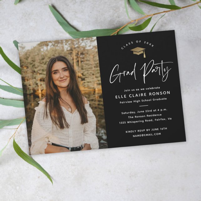 Simple Script Black & White Photo Graduation Party Invitation (Creator Uploaded)