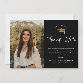 Simple Script Black & White Photo Graduation Thank You Card 