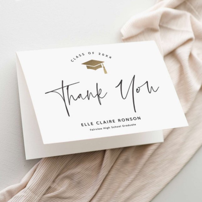Simple Script Black & White Photo Graduation Thank You Card (Modern Script Gold Graduation Cap Photo Thank You Card.)