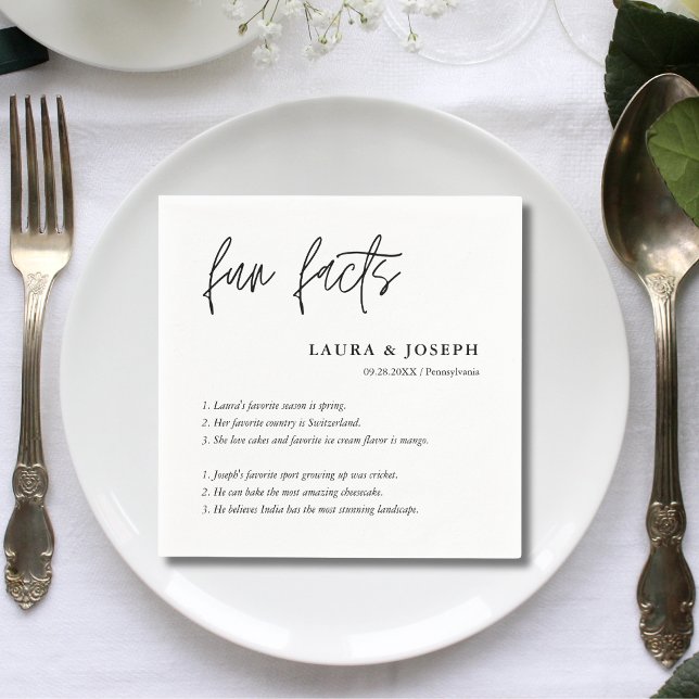 Simple Script Black White Wedding Fun Facts Napkins (Creator Uploaded)
