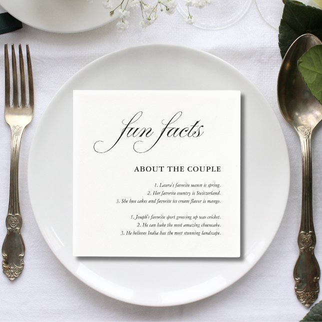 Simple Script Black White Wedding Fun Facts Napkins (Creator Uploaded)