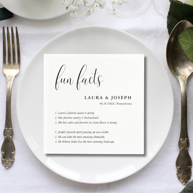 Simple Script Black White Wedding Fun Facts Napkins (Simple script black white wedding fun facts napkins add charm and spark guest conversations)