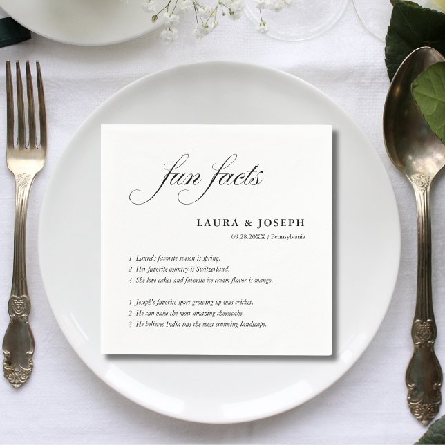 Simple Script Black White Wedding Fun Facts Napkins (Simple script black white napkins share fun facts and add a personal touch to weddings)