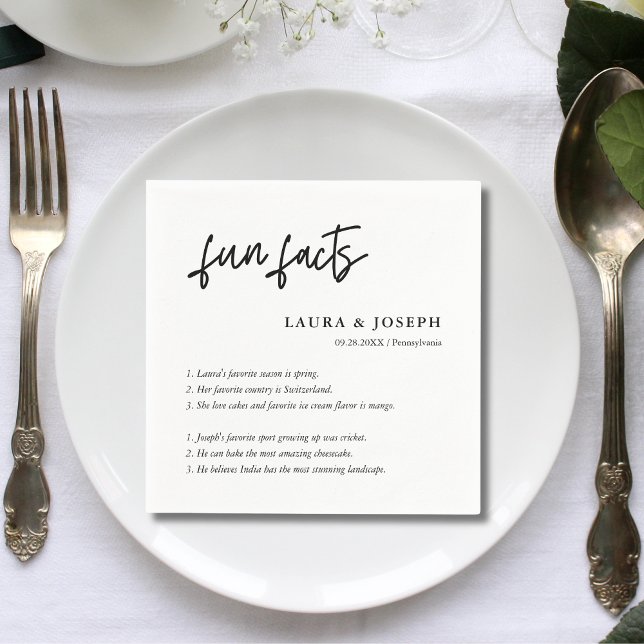 Simple Script Black White Wedding Fun Facts Napkins (Simple script black white wedding fun facts napkins add charm and spark guest smiles.)