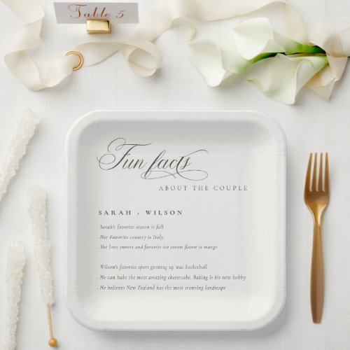 Simple Script Black White Wedding Fun Facts Paper Plates