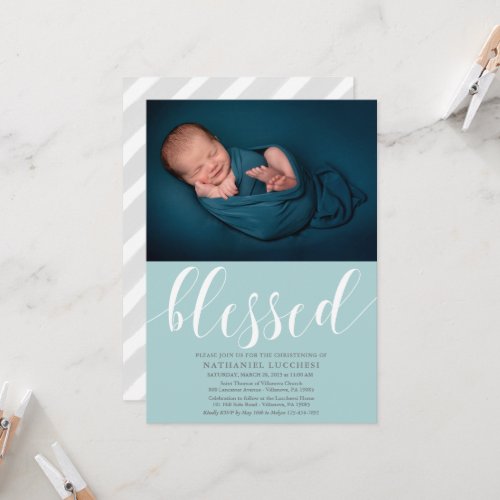 Simple Script Blessed Photo Christening Invitation