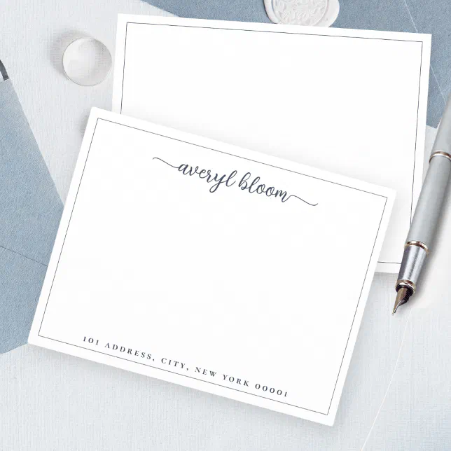 Simple Script Blue Border Personalized Stationery Note Card | Zazzle