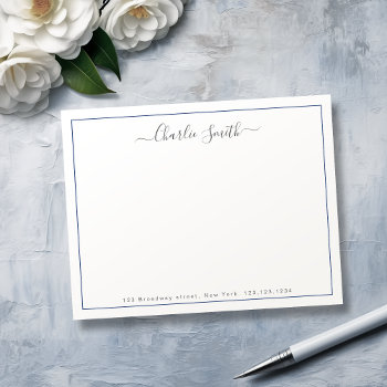 Simple Script Blue Border Personalized Stationery Note Card by AvaPaperie at Zazzle
