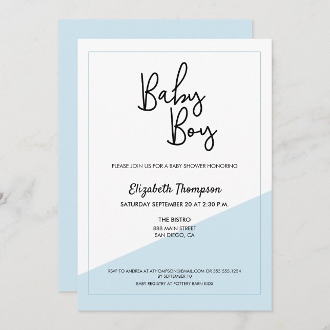 Simple Script Blue Modern Baby Boy Shower Invitation (Front/Back)