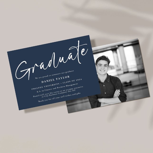 Simple Script Blue White Photo Graduation Announcement (Creator Uploaded)