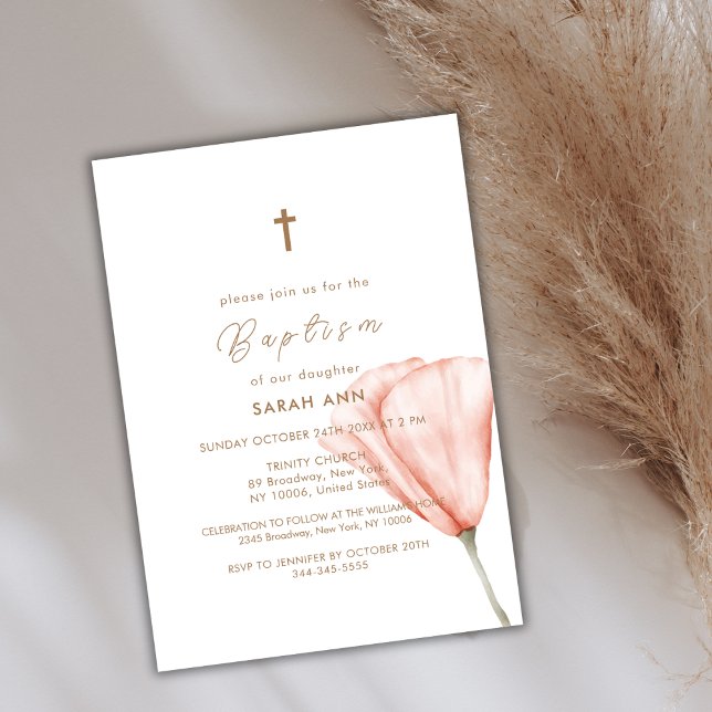 Simple Script Boho Floral Gold Cross Baptism Invitation (Simple Script Boho Floral Gold Cross Baptism Invitation)