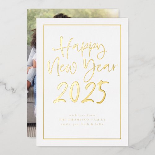 Simple Script Border Happy New Year 2025 Photo Foil Holiday Card