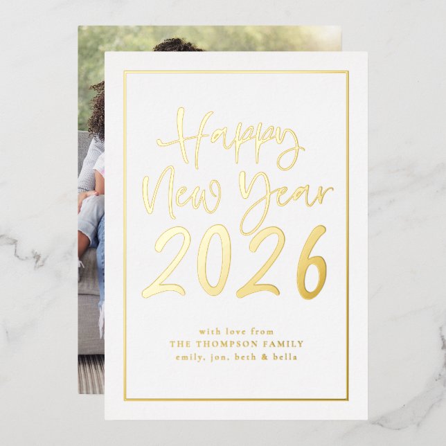 Simple Script Border Happy New Year 2026 Photo Foil Holiday Card (Front/Back)