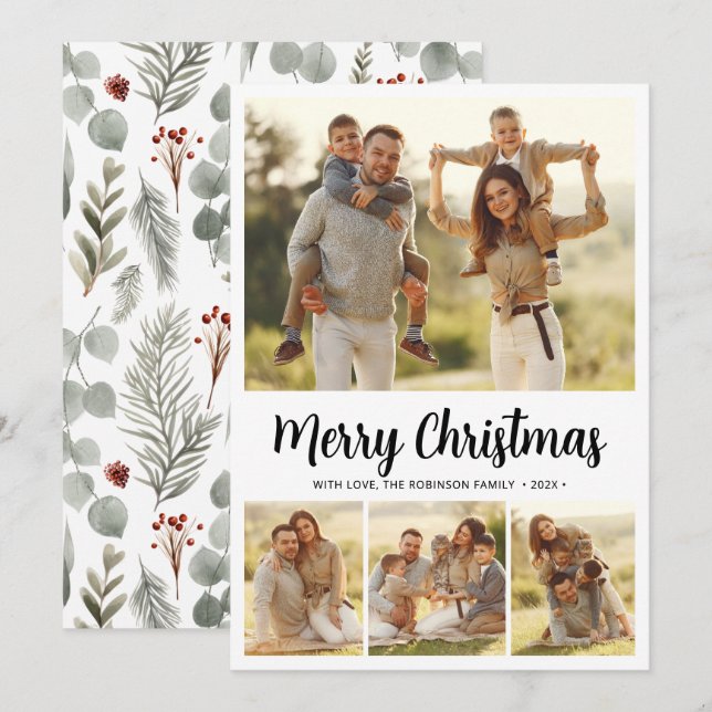 Simple Script Botanical 4 Multi Photo Christmas Holiday Card (Front/Back)