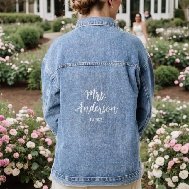 Simple Script Bride Denim Jacket (Personalized Wedding Script Est. Date Denim Jacket)