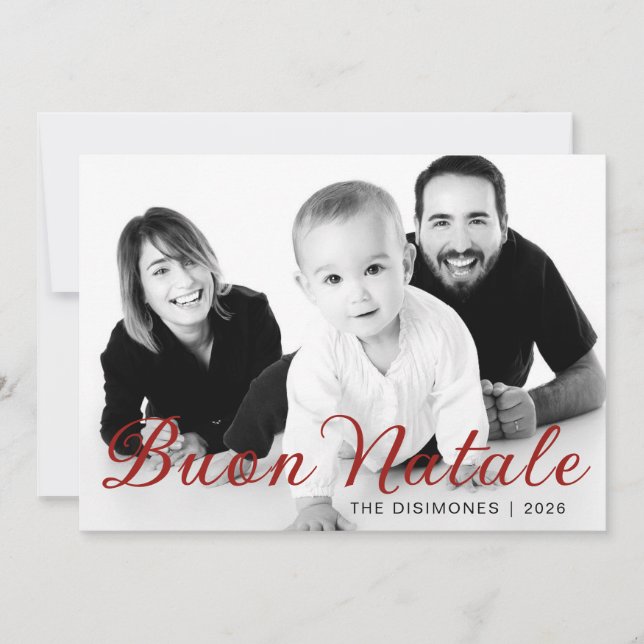Simple Script Buon Natale Family Photo Holiday Card (Front)