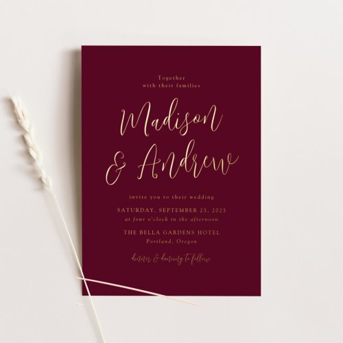 Simple Script Burgundy and Gold Wedding Foil Invitation