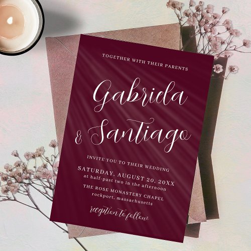 Simple Script Burgundy and White Wedding Invitation