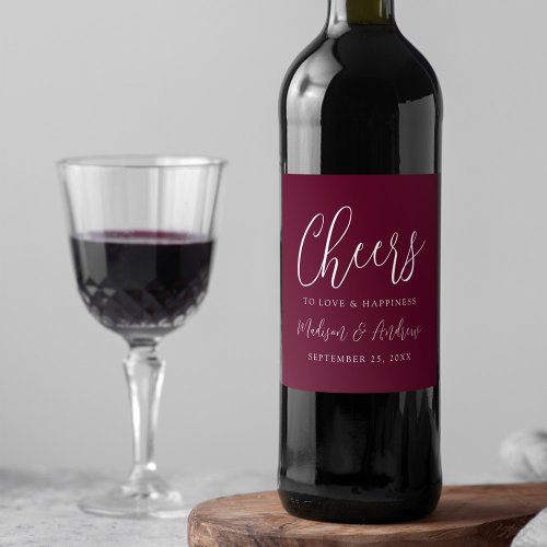 Simple Script Burgundy Cheers to Love Wedding Wine Label