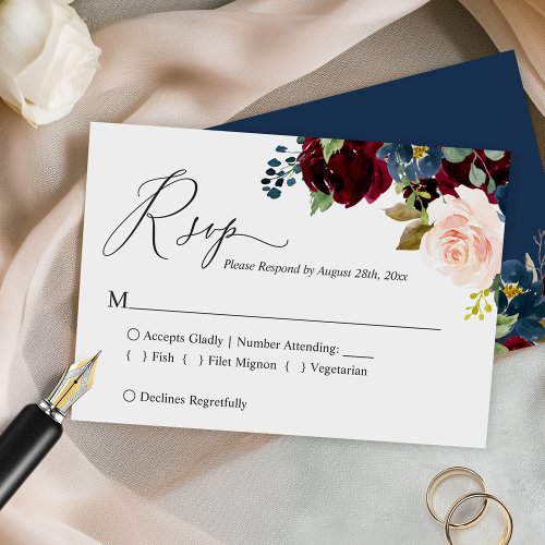 Simple Script Burgundy Navy Blush Floral Wedding RSVP Card