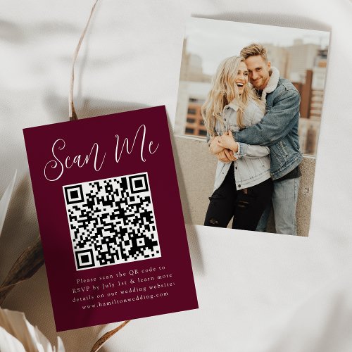 Simple Script Burgundy Photo QR Code Wedding RSVP Enclosure Card