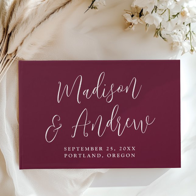 Simple Script Burgundy Photo Wedding Guest Book (Creator Uploaded)