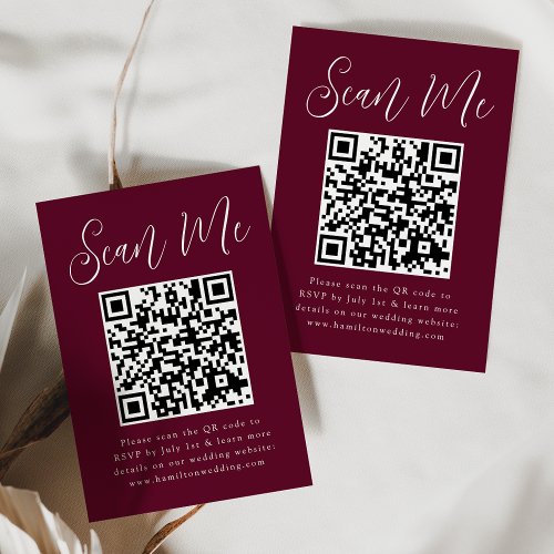 Simple Script Burgundy QR Code Wedding RSVP Enclosure Card